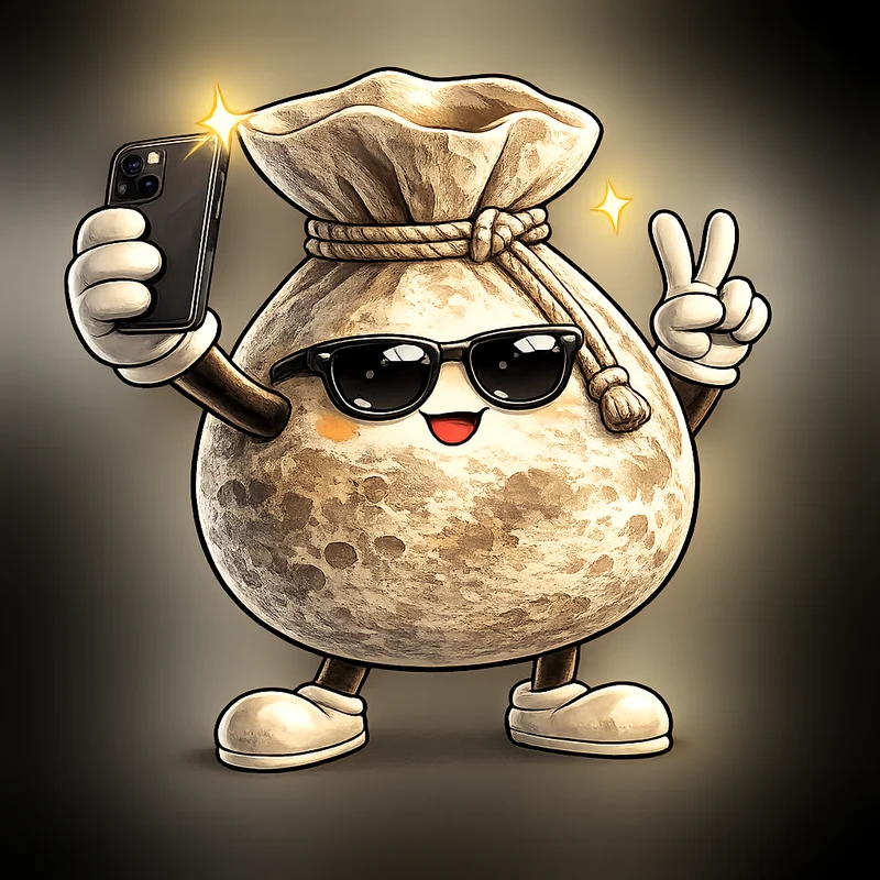 Moon, a cartoon moon bag with sunglasses, taking a selfie and throwing a peace sign